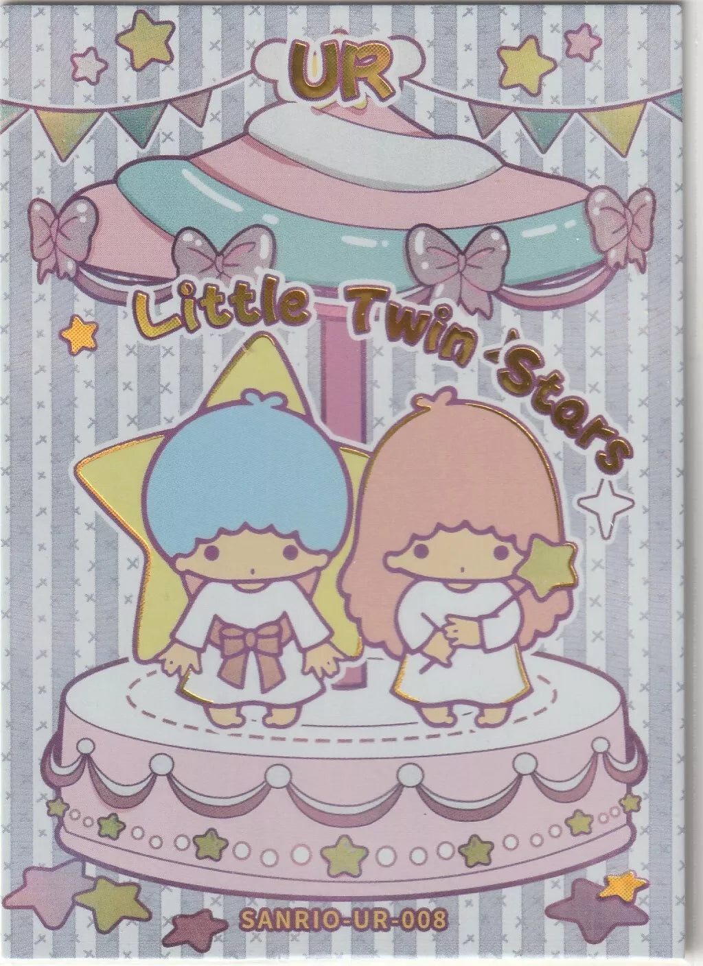 Little Twin Stars Ultra Rare (UR) Sanrio collectible card front, featuring Kiki and Lala on a carousel with pastel bows, stars, and bunting in a foil finish.