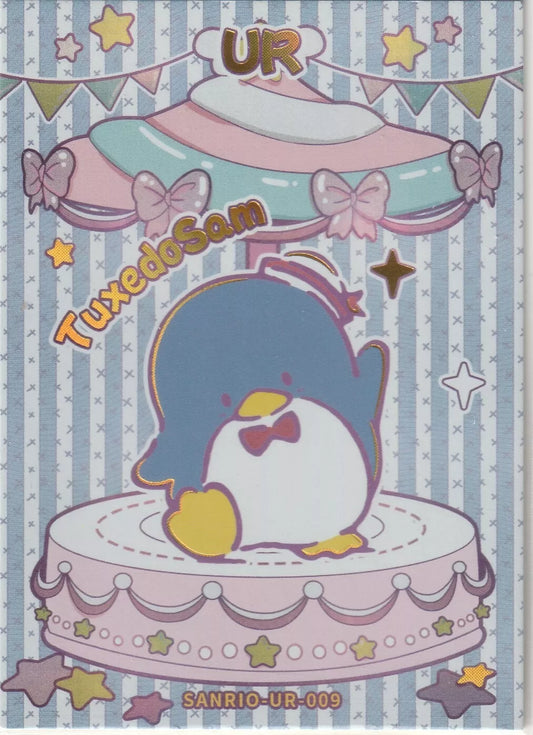 TuxedoSam Ultra Rare (UR) Sanrio collectible card front, featuring TuxedoSam on a carousel with pastel bows, stars, and bunting in a foil finish.