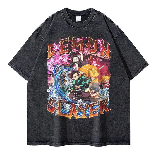 Vintage Washed Nezuko Tanjiro Zenitsu Inosuke Mugen Oversized T-Shirt - Demon Slayer Anime Streetwear