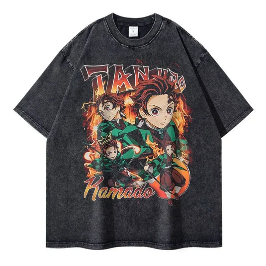 Vintage Washed Kamado Tanjiro Oversized T-Shirt - Demon Slayer Anime Streetwear