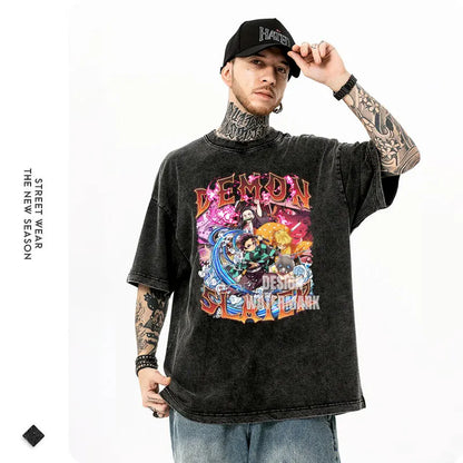 Vintage Washed Akaza Oversized T-Shirt - Demon Slayer Anime Streetwear