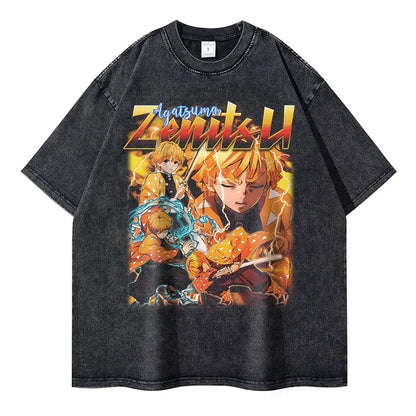 Vintage Washed Agatsuma Zenitsu Oversized T-Shirt - Demon Slayer Anime Streetwear