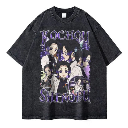 Vintage Washed Kochou Shinobu Oversized T-Shirt - Demon Slayer Anime Streetwear