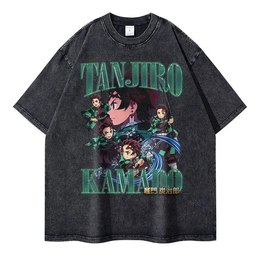 Vintage Washed Tanjiro Kamado Oversized T-Shirt - Demon Slayer Anime Streetwear