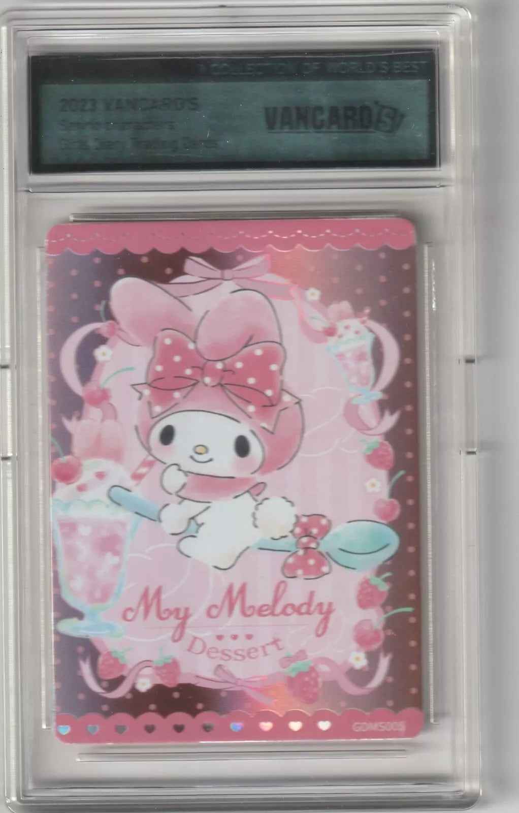  My Melody happily holding a large spoon, surrounded by strawberries and cherries in a dessert-themed pink and chocolate-colored card design in a case