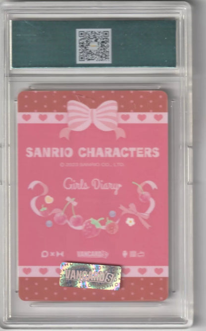 Sanrio Characters Girls Diary card back with a pink and brown dessert theme, featuring cherries and strawberries tied with ribbons in case