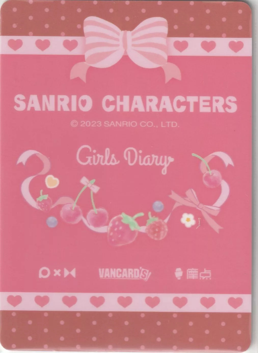 Sanrio Characters Girls Diary card back with a pink and brown dessert theme, featuring cherries and strawberries tied with ribbons