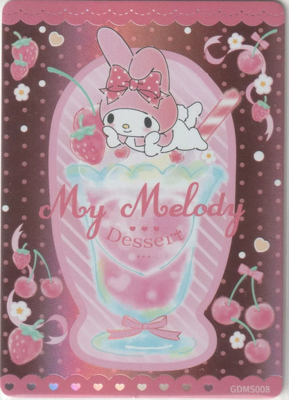 My Melody leaning over a strawberry parfait, surrounded by cherries and strawberries, with a pink and white background and scalloped borders