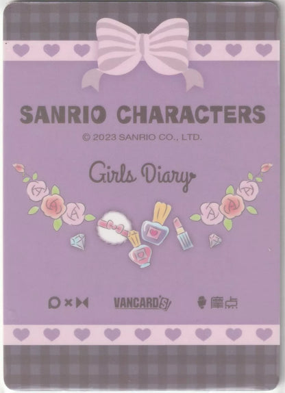 Sanrio Characters Girls Diary card back with a purple and pink theme, featuring beauty items like perfume and lipstick, with a large bow at the top