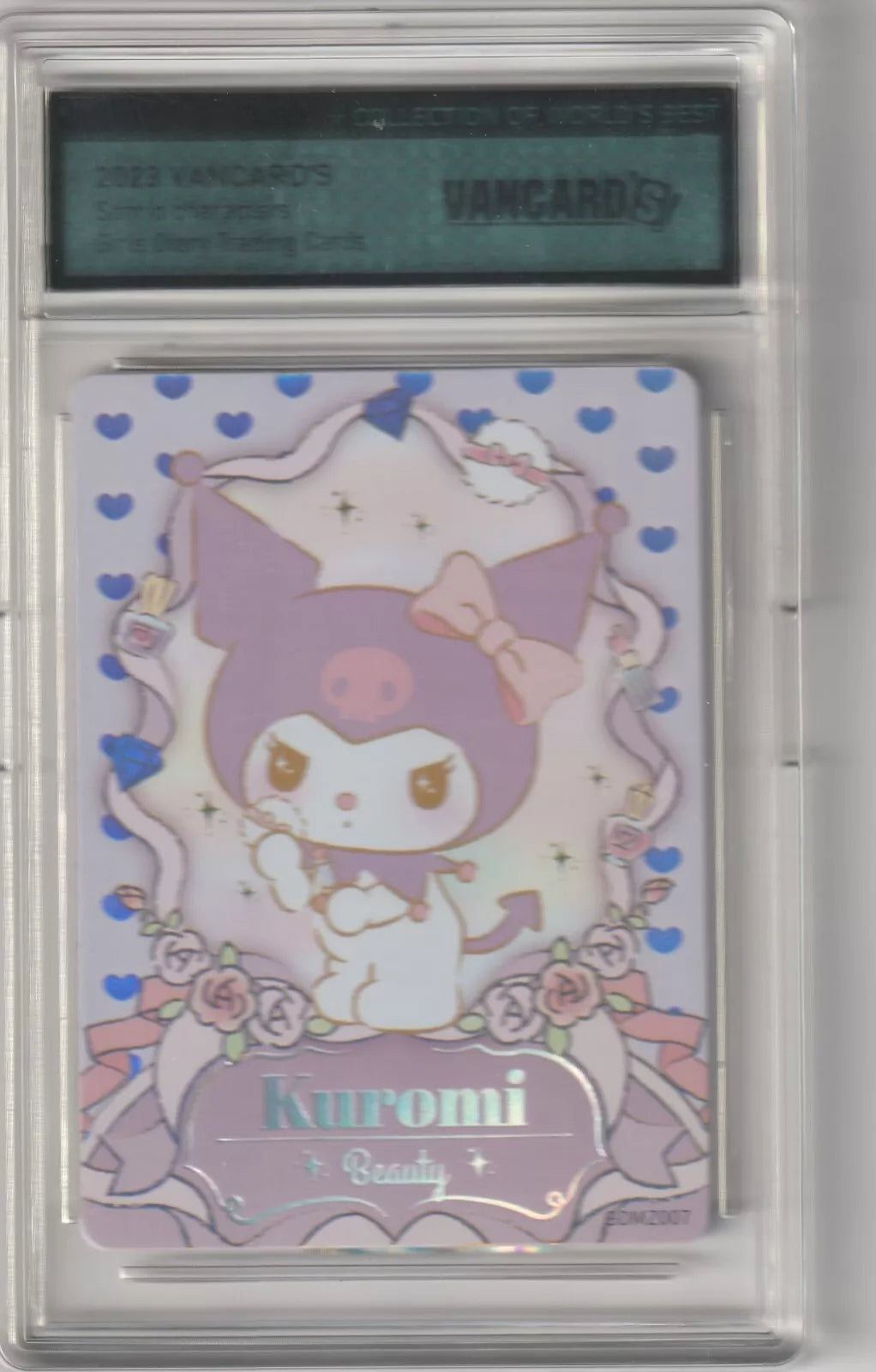 Kuromi holding a beauty puff surrounded by perfume bottles and makeup accessories on a pastel background with roses and ribbons in case