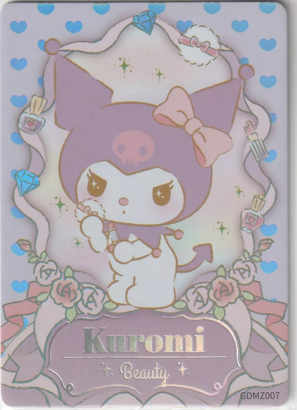 Kuromi holding a beauty puff surrounded by perfume bottles and makeup accessories on a pastel background with roses and ribbons