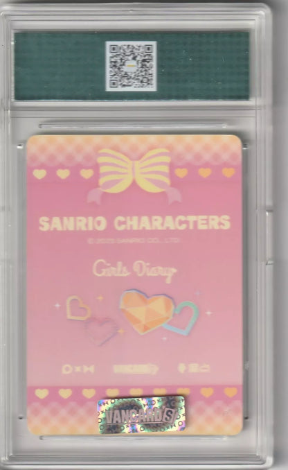 Sanrio Characters Girls Diary card back with a pink gradient and gem-like heart designs, featuring a bow and sparkle-themed accents in case