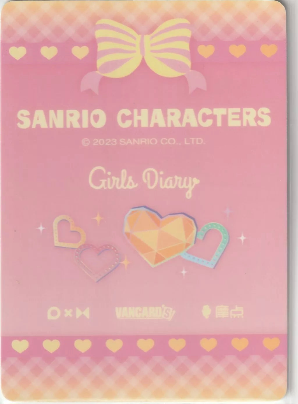 Sanrio Characters Girls Diary card back with a pink gradient and gem-like heart designs, featuring a bow and sparkle-themed accents