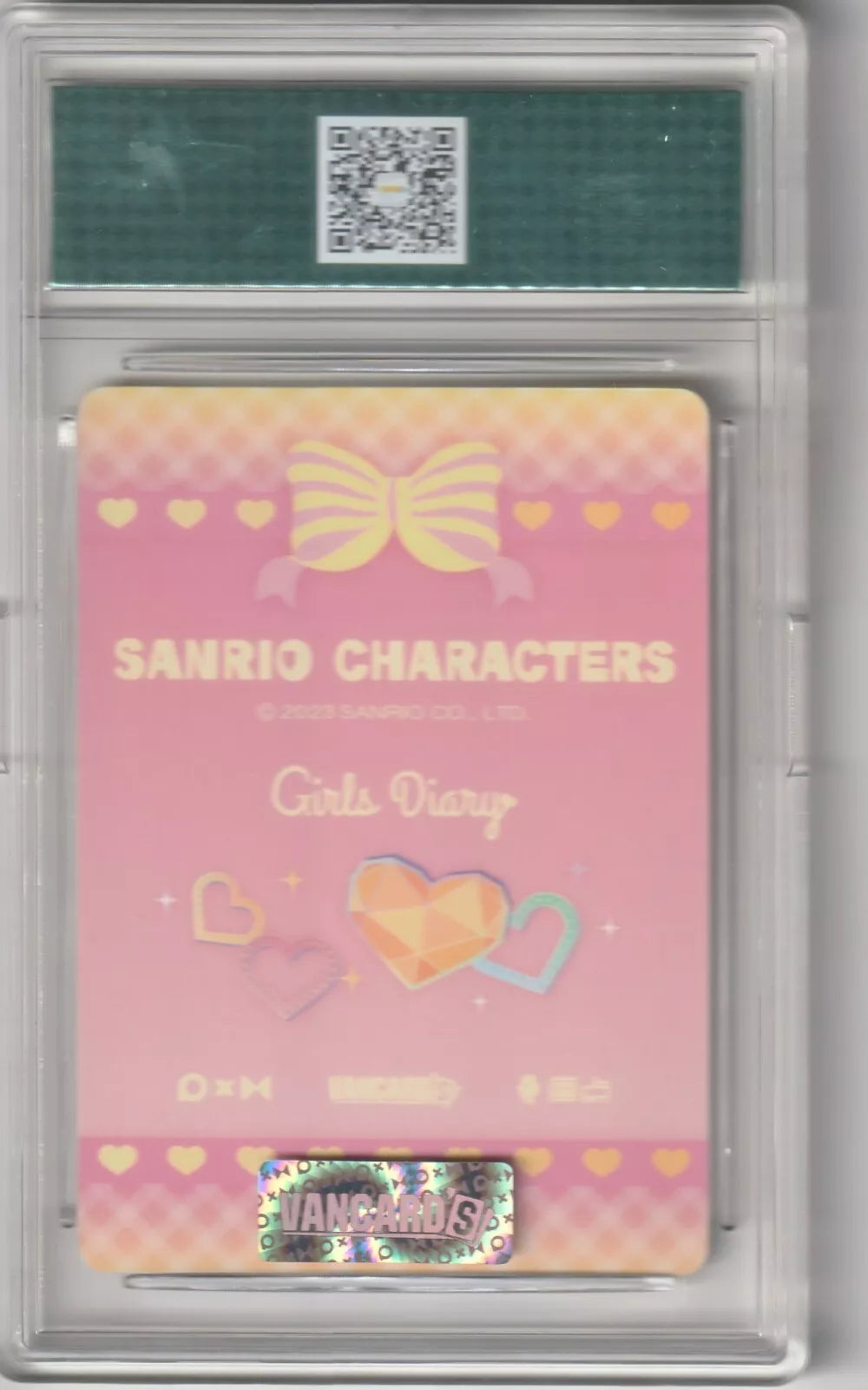 Sanrio Characters Girls Diary card back with a pink gradient, gem-like hearts, and a yellow bow, featuring a sparkle theme in case