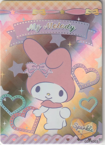 My Melody smiling in front of a holographic background filled with hearts and stars, with a sparkle-themed heart icon in the corner