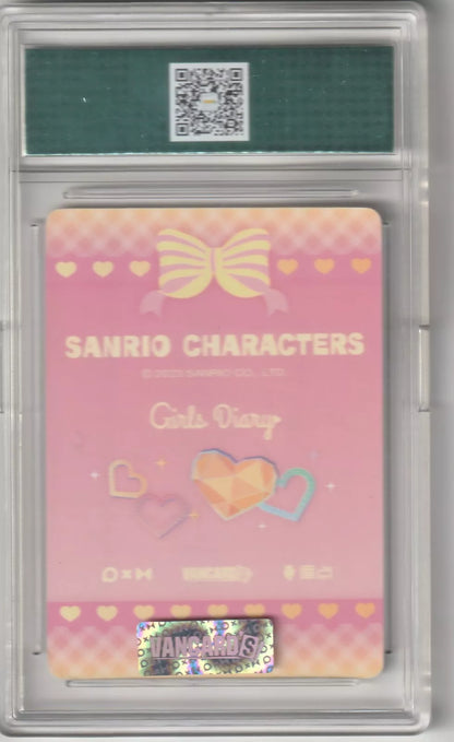 Sanrio Characters Girls Diary card back with a pink and yellow gradient, gem-like hearts, and a large bow design, featuring a sparkle theme in case