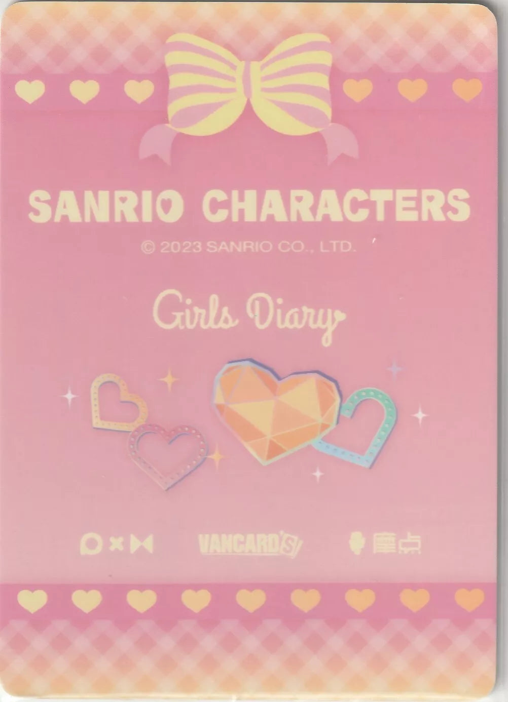 Sanrio Characters Girls Diary card back with a pink and yellow gradient, gem-like hearts, and a large bow design, featuring a sparkle theme.