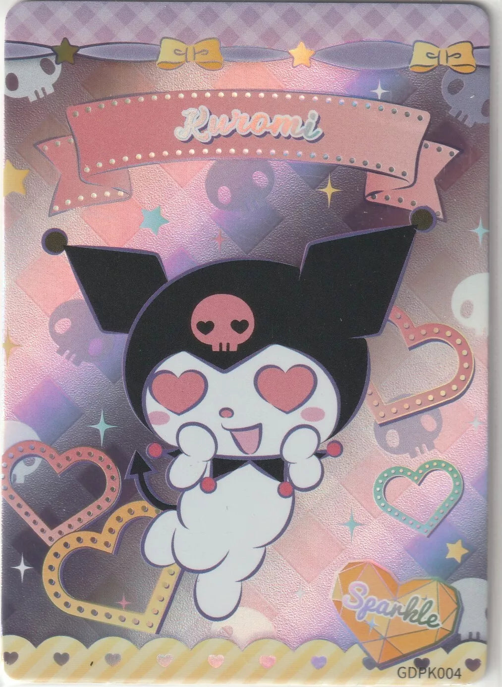 Kuromi with heart-shaped eyes, surrounded by holographic hearts and sparkles on a shiny background with a sparkle-themed heart icon in the corner