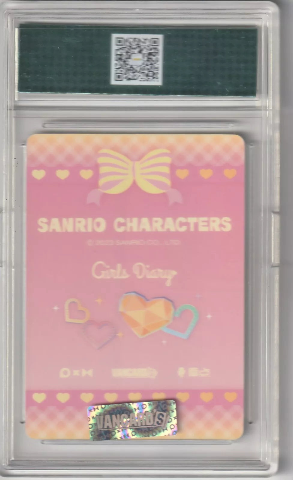 Sanrio Characters Girls Diary card back with a pink gradient and gem-like heart decorations, featuring a bow and sparkle-themed icons in case