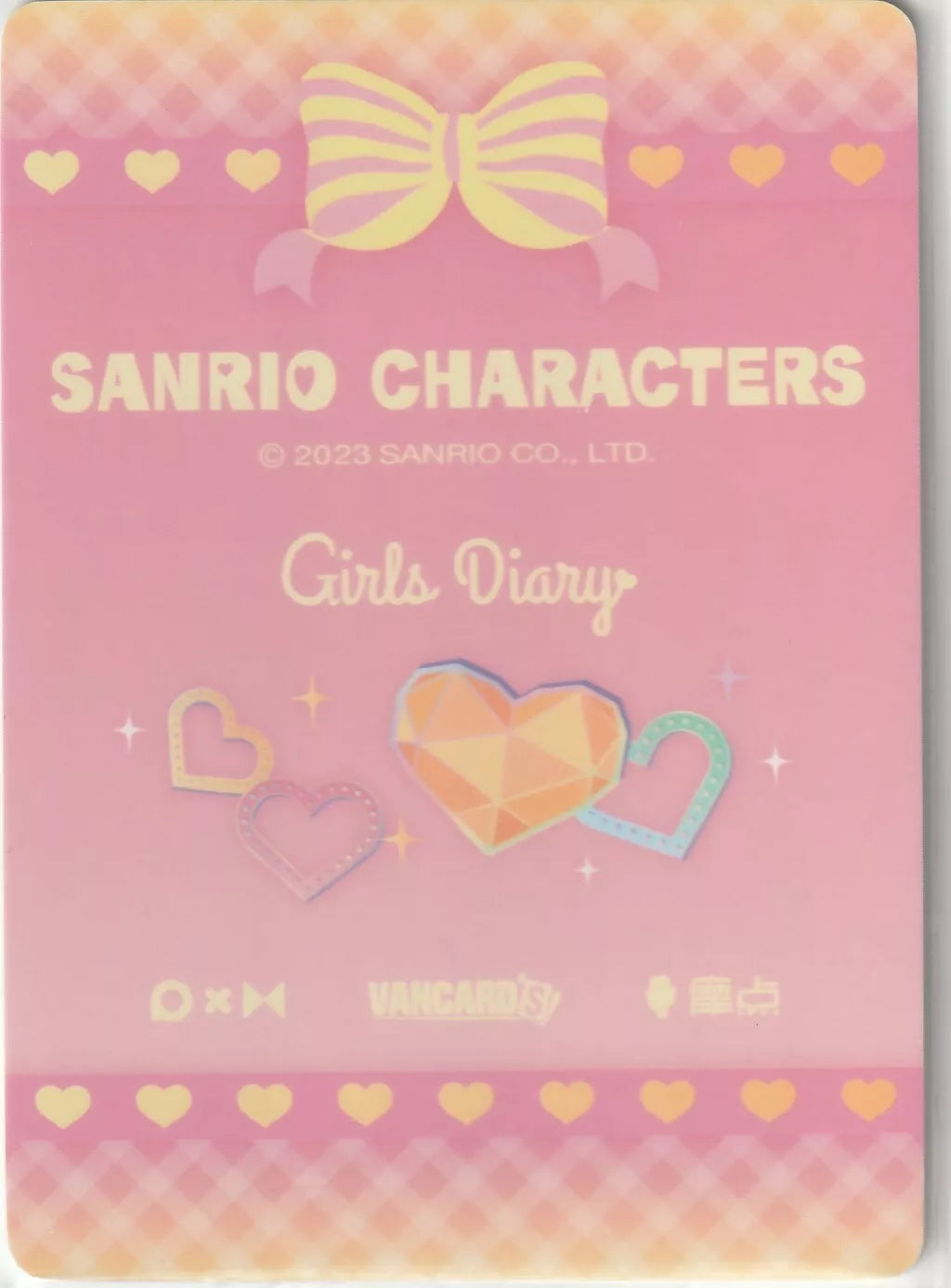 Sanrio Characters Girls Diary card back with a pink gradient and gem-like heart decorations, featuring a bow and sparkle-themed icons.