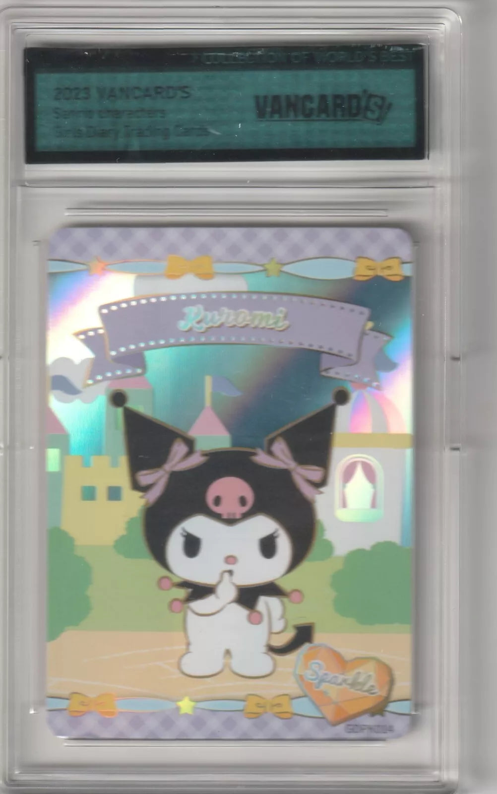 Kuromi with a mischievous expression in front of a holographic castle scene, surrounded by pastel colors and a sparkle-themed heart icon in case