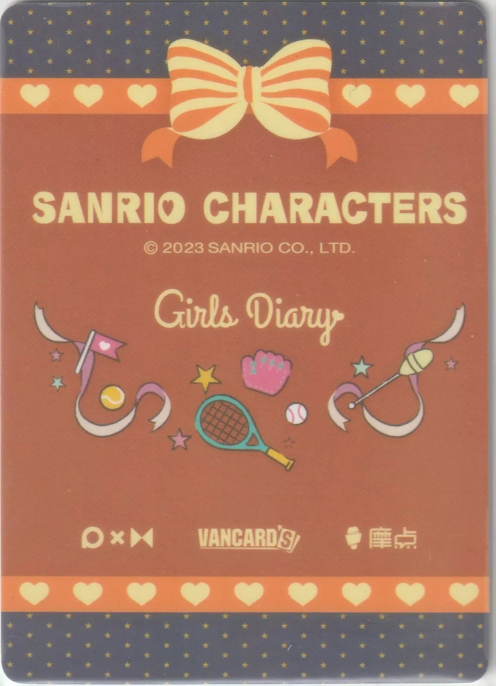 Sanrio Characters Girls Diary card back with an orange and brown design, featuring a large bow, sports equipment like tennis rackets and baseball gloves, and star decorations.