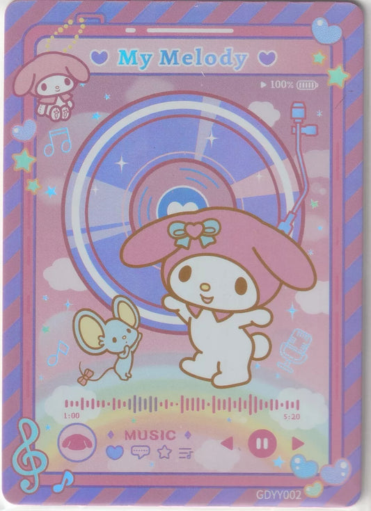 My Melody standing with a small mouse in front of a colorful music-themed background with a vinyl record, musical notes, and a music player interface on a Sanrio Girls Diary card.