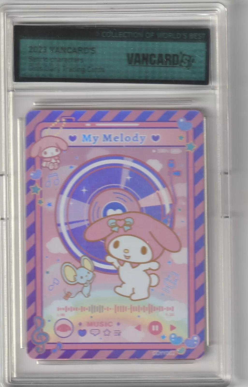 My Melody standing with a small mouse in front of a colorful music-themed background with a vinyl record, musical notes, and a music player interface on a Sanrio Girls Diary card in case