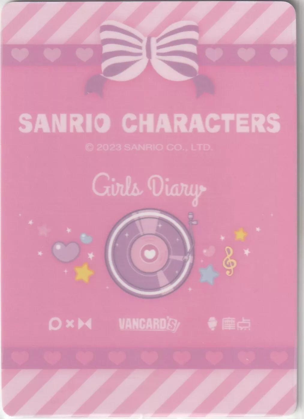 Sanrio Characters Girls Diary card back with a pink design, featuring a large bow, music-themed decorations, and a record player graphic surrounded by stars and hearts