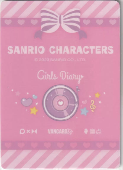 Sanrio Characters Girls Diary card back with a pink design, featuring a large bow, music-themed decorations, and a record player graphic surrounded by stars and hearts