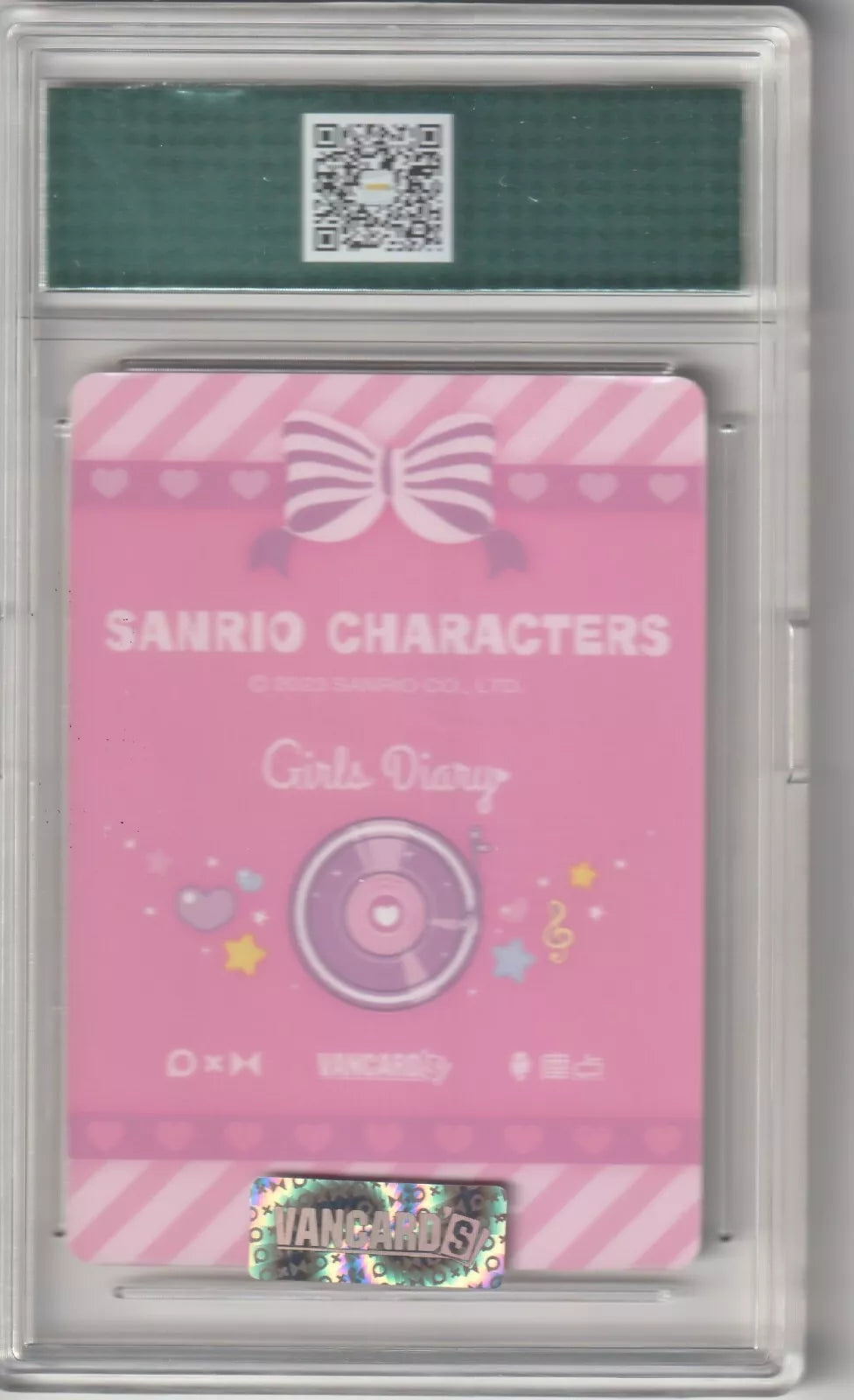 Sanrio Characters Girls Diary card back with a pink design, a large bow, and a record player surrounded by music-themed decorations, stars, and hearts in case