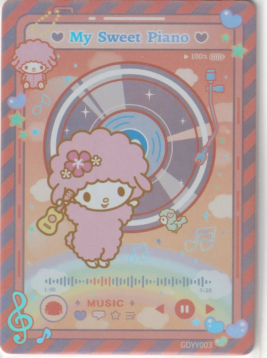 My Sweet Piano holding a ukulele, standing in front of a colorful record player graphic with rainbows and music notes on a Sanrio Girls Diary card