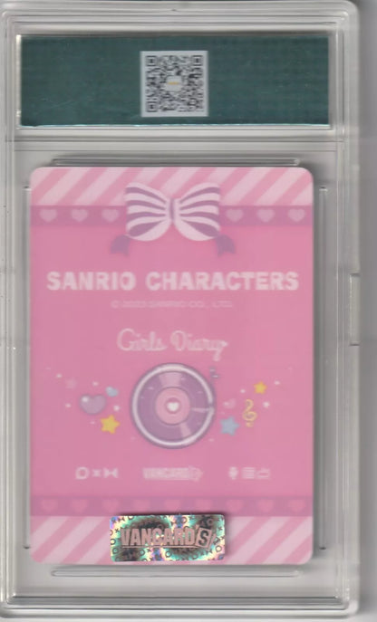 Sanrio Characters Girls Diary card back with a pink striped design, a large bow, and a music-themed graphic of a record player, decorated with hearts and stars in case
