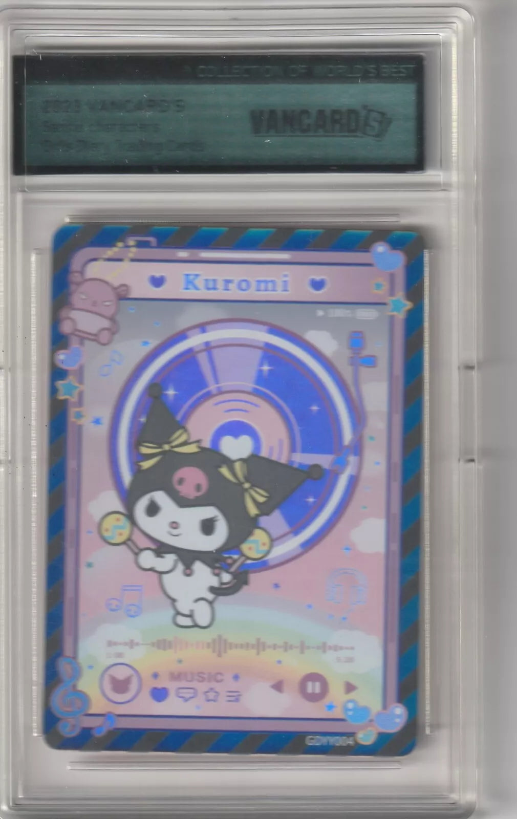 Kuromi holding maracas, standing in front of a colorful music player interface with rainbows, musical notes, and playful icons on a Sanrio Girls Diary card in protective casing
