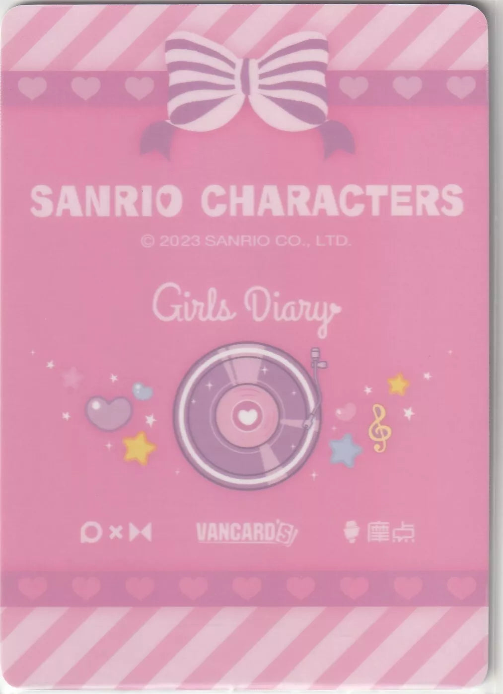 Sanrio Characters Girls Diary card back with a pink striped design, a large bow, and a music-themed graphic of a record player, decorated with hearts and stars