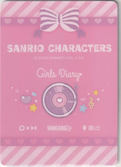 Sanrio Characters Girls Diary card back with a pink striped design, a large bow, and a music-themed graphic of a record player, decorated with hearts and stars