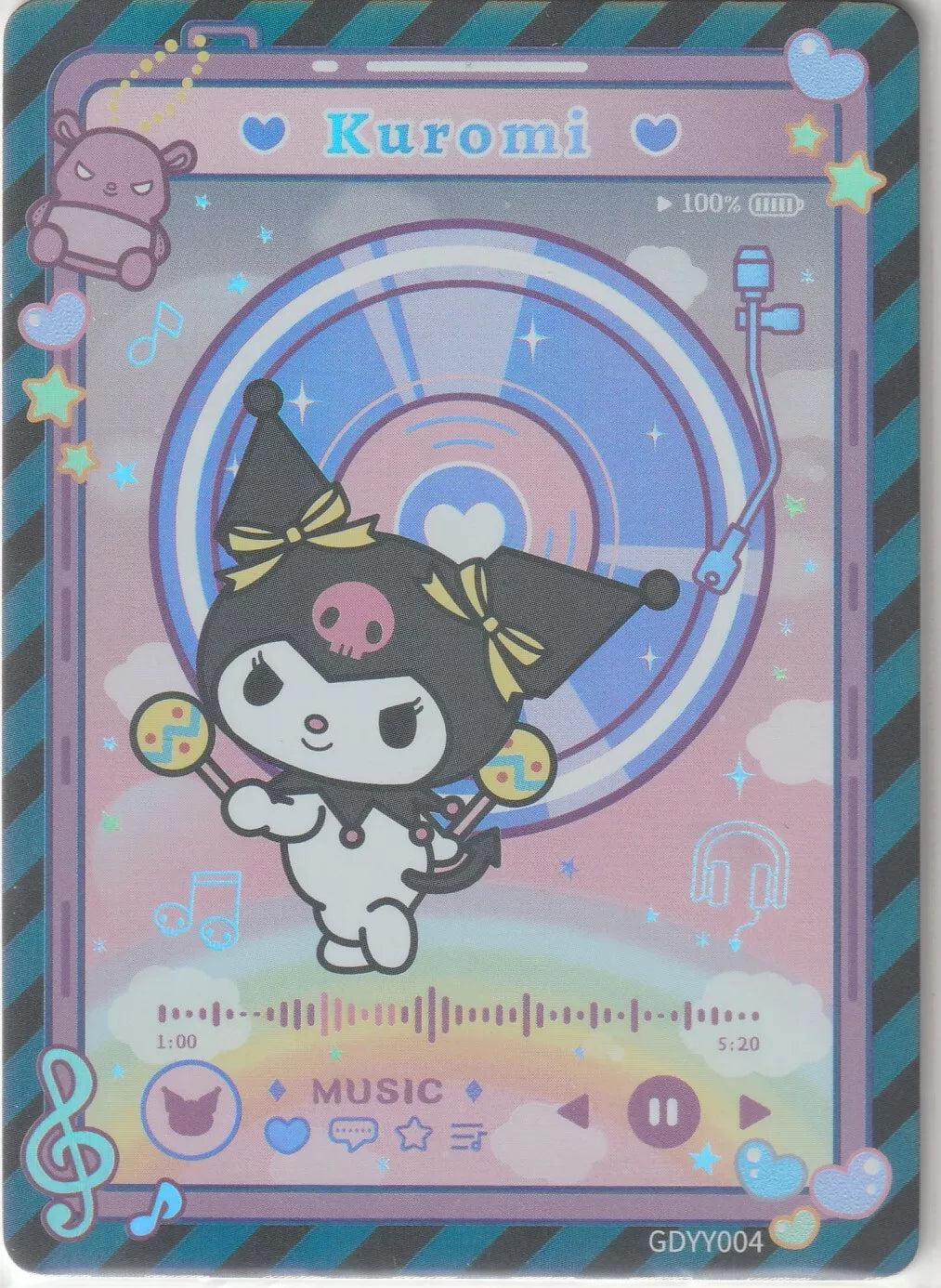 Kuromi holding maracas, standing in front of a colorful music player interface with rainbows, musical notes, and playful icons on a Sanrio Girls Diary card