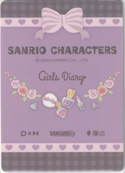 Sanrio Characters Girls Diary card back with pink and lavender colors, featuring a pink bow, hearts, roses, and beauty items, along with the Vancards' logo at the bottom