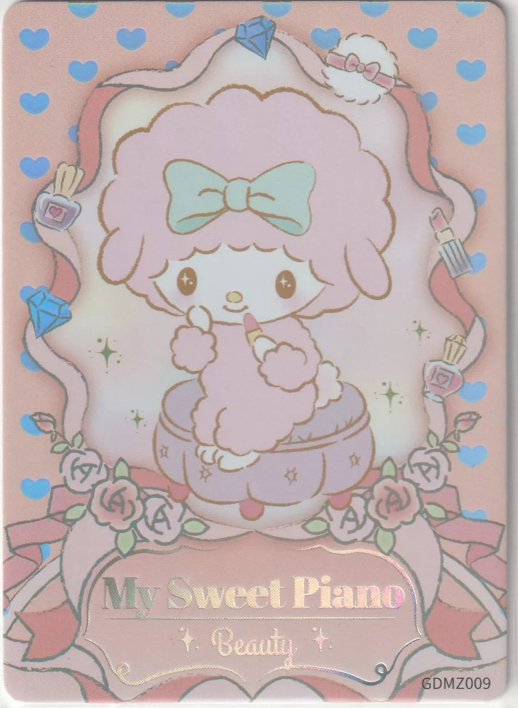 My Sweet Piano holding a lipstick, surrounded by roses, beauty items, and sparkling diamonds on a pastel pink and blue card with the words 'My Sweet Piano' and 'Beauty' in holographic gold.