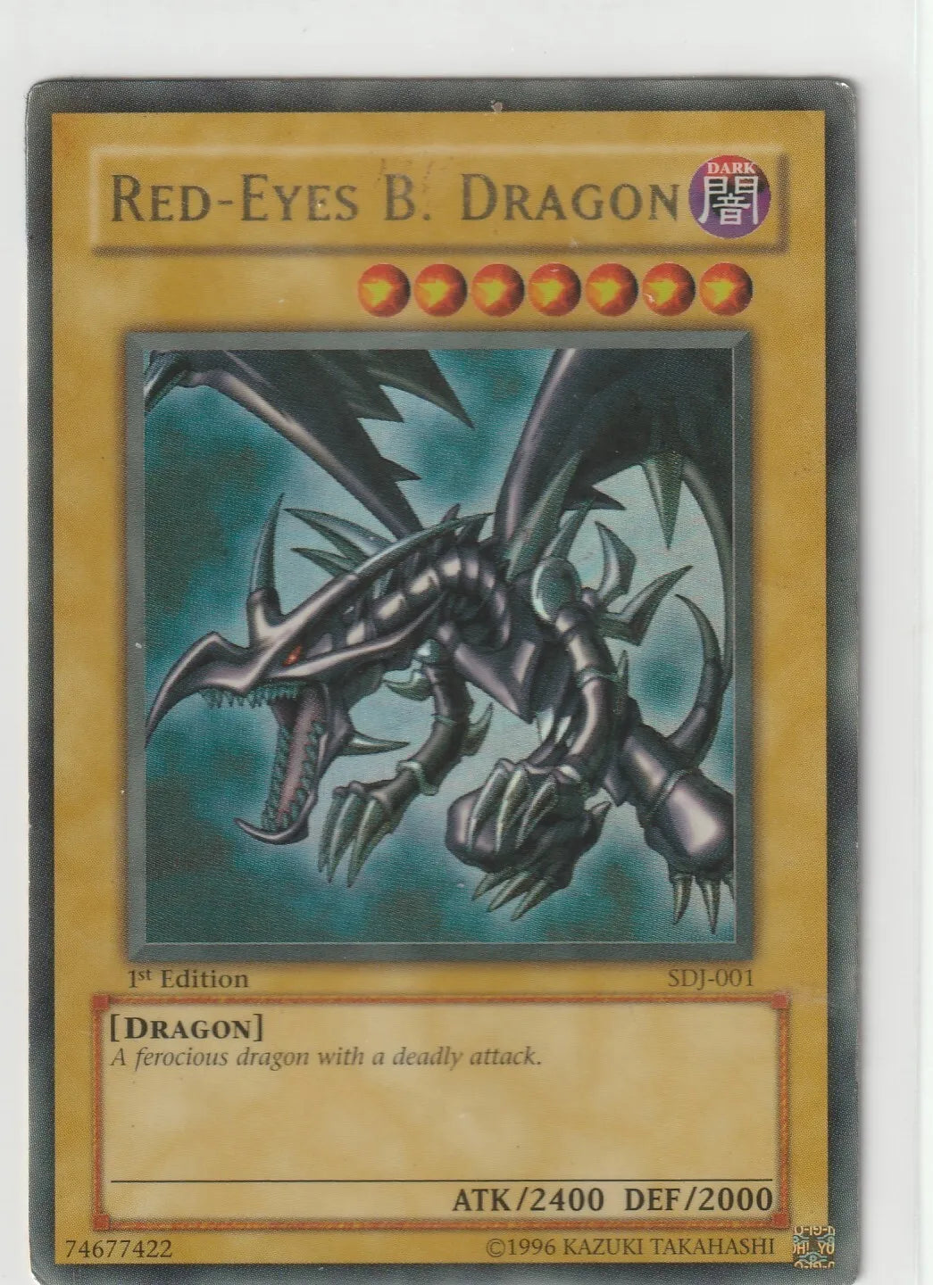 "Illustration of Red-Eyes B. Dragon, a fierce dark dragon with sharp claws and gleaming red eyes, set against a dark swirling background."