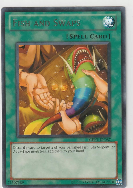 A Yu-Gi-Oh! Fish and Swaps card from the 2011 Generation Force set, featuring a hand holding a brightly colored fish, with vibrant colors and sharp detailing.