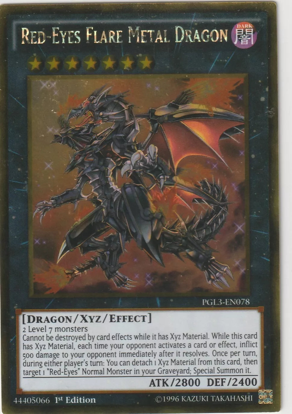 "Artwork of Red-Eyes Flare Metal Dragon from Yu-Gi-Oh!, showcasing a dark, mechanical dragon against a fiery cosmic backdrop."