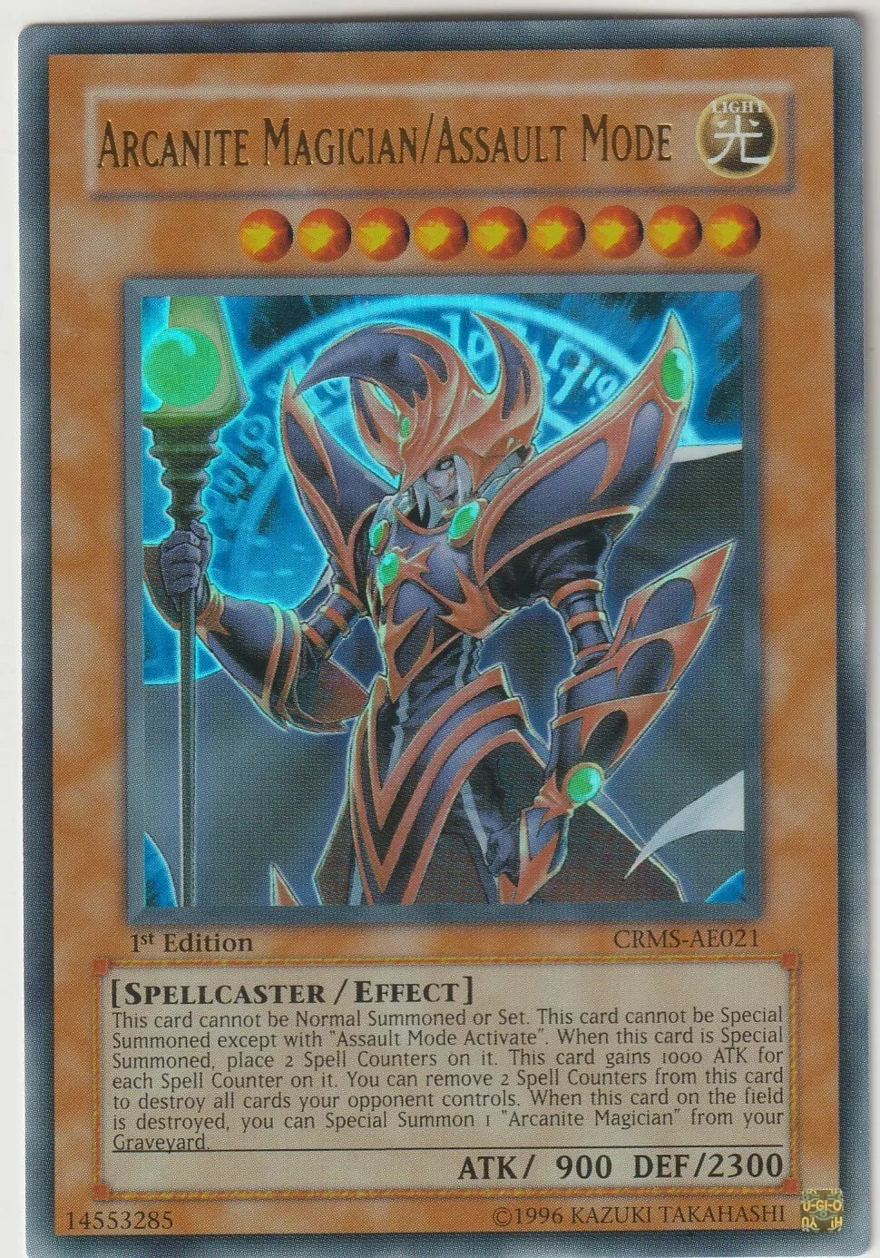 Arcanite Magician/Assault Mode from Crimson Crisis, holographic design with glowing staff, near-mint condition.