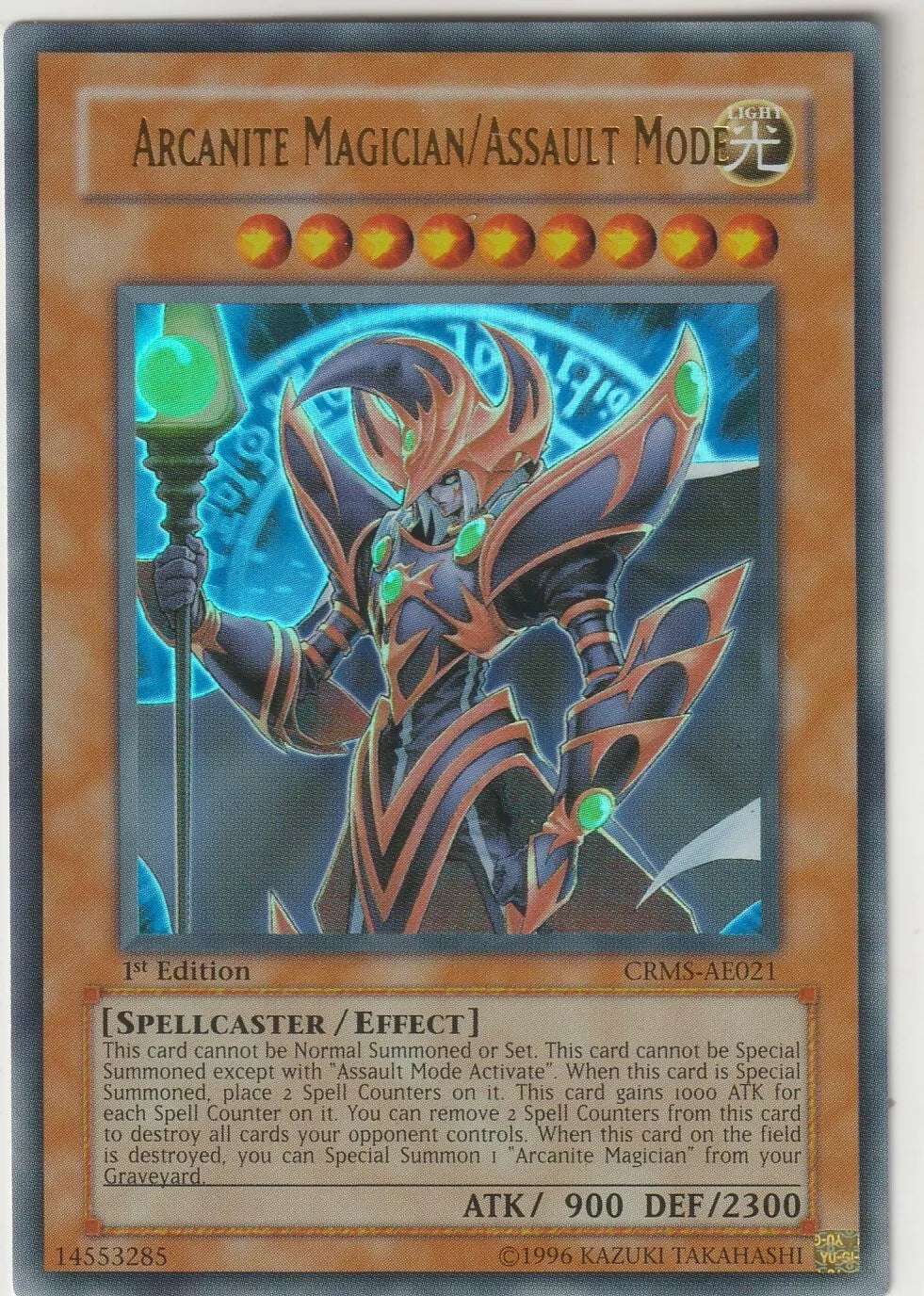  Arcanite Magician/Assault Mode in spellcaster form with glowing orbs, Yu-Gi-Oh! Crimson Crisis.