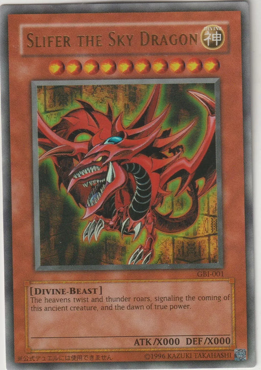 Slifer the Sky Dragon Promo GBI-001 with vibrant red dragon illustration.