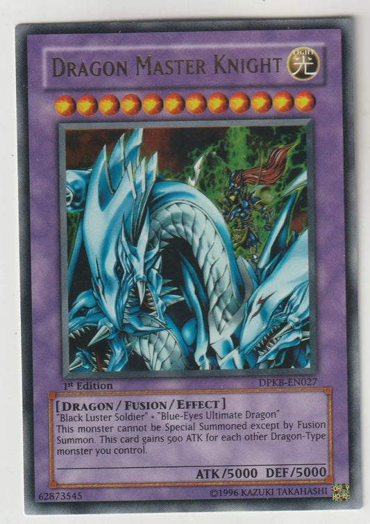  Dragon Master Knight from Duelist Pack Kaiba 1st Edition, featuring Black Luster Soldier and Blue-Eyes Ultimate Dragon, near-mint condition.