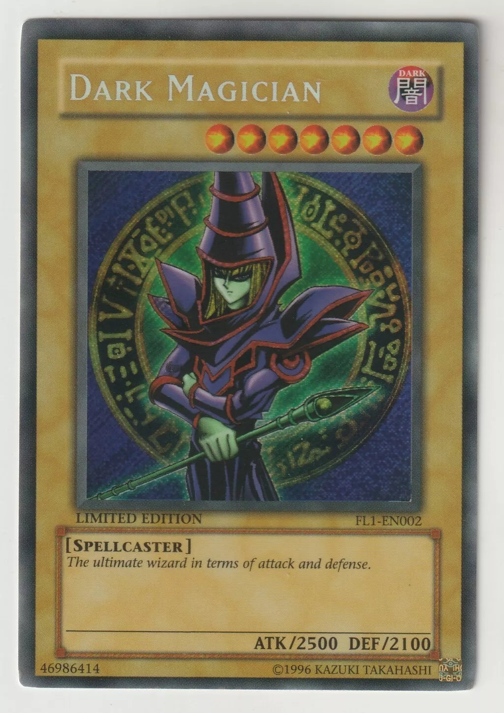 Yu-Gi-Oh Forbidden Legacy FL1-EN002 Dark Magician in holographic foil, iconic character, near-mint condition.