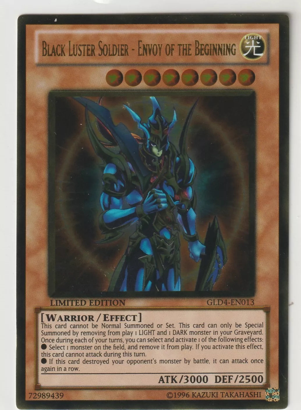  YuGiOh Gold Series 4 GLD4-EN013 Black Luster Soldier - Envoy Of The Beginning, holographic design with blue warrior in armor, excellent condition.