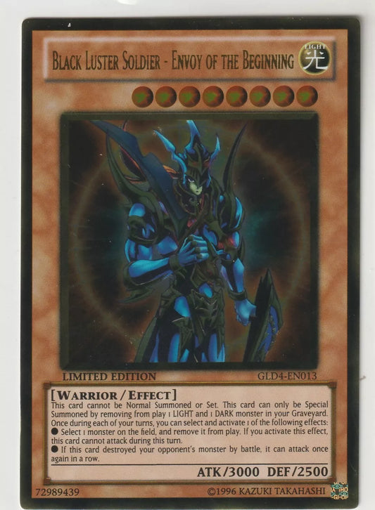  YuGiOh Gold Series 4 GLD4-EN013 Black Luster Soldier - Envoy Of The Beginning, holographic design with blue warrior in armor, excellent condition.