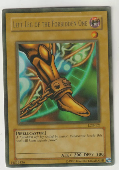 Left Leg of the Forbidden One card showing the magical golden leg of Exodia with a vibrant holo.